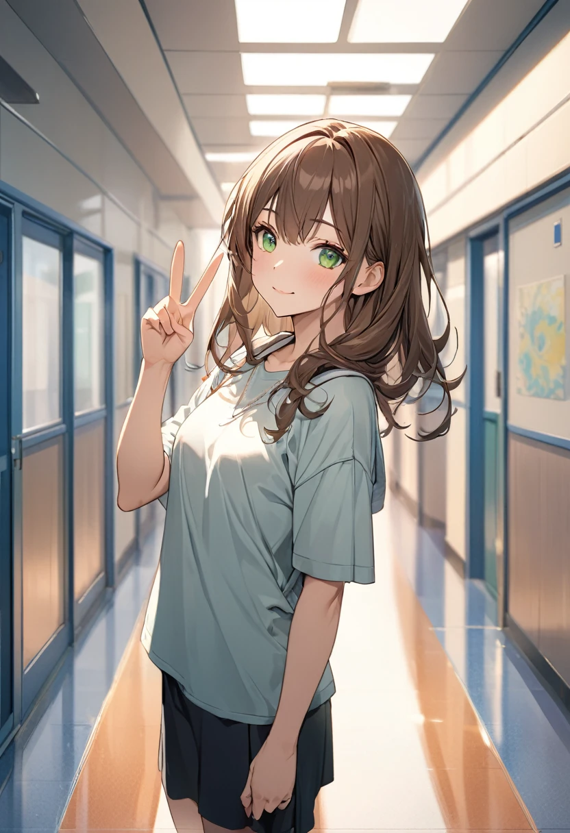 Brown-haired girl、、green eyes、Calm Afternoon - Very detailed、masterpiece, Highest quality, Bright - With a bright school hallway in the background、Relaxed facial expression、one hand making a peace sign、(Detailed fingers), (Emotional), (Breathtakingly beautiful), (main part:1.2 Whole body), (Anime Style), (Very detailed), (超High resolution, High resolution), (8k), (Complex and beautiful: 1.2)