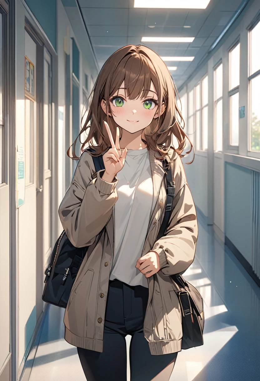 Brown-haired girl、、green eyes、Calm Afternoon - Very detailed、masterpiece, Highest quality, Bright - With a bright school hallway in the background、Relaxed facial expression、one hand making a peace sign、(Detailed fingers), (Emotional), (Breathtakingly beautiful), (main part:1.2 Whole body), (Anime Style), (Very detailed), (超High resolution, High resolution), (8k), (Complex and beautiful: 1.2)