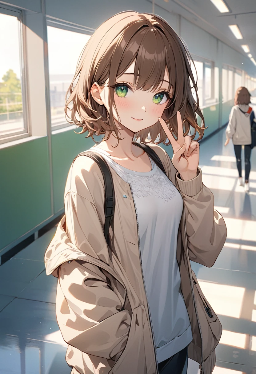 Brown-haired girl、、green eyes、Calm Afternoon - Very detailed、masterpiece, Highest quality, Bright - With a bright school hallway in the background、Relaxed facial expression、one hand making a peace sign、(Detailed fingers), (Emotional), (Breathtakingly beautiful), (main part:1.2 Whole body), (Anime Style), (Very detailed), (超High resolution, High resolution), (8k), (Complex and beautiful: 1.2)
