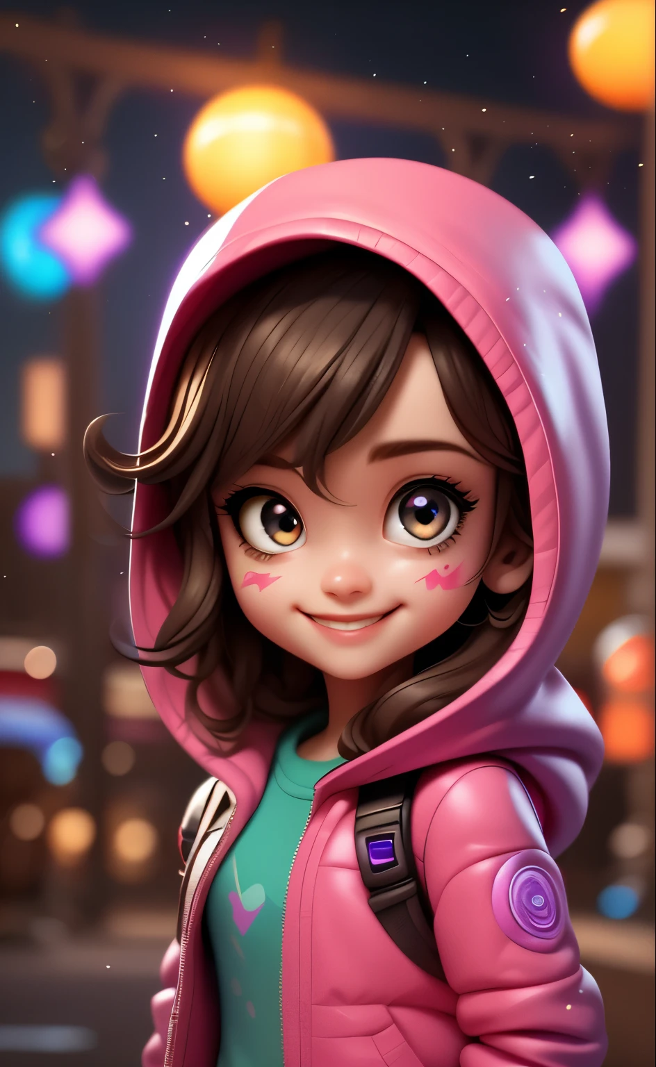 detailed background, masterpiece, best quality, smile, ornament, hood, portrait, neon pink, graffiti, dark, night, bright eyes, purple light