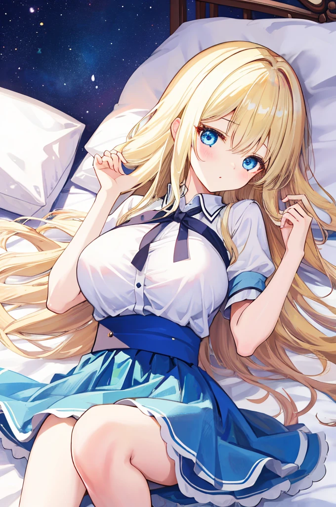 A girl with big ,Alice漫游仙境,fairy tales,((Alice)),Light blond long hair,Blue Eyes,Well-behaved and cute,Lying in bed,