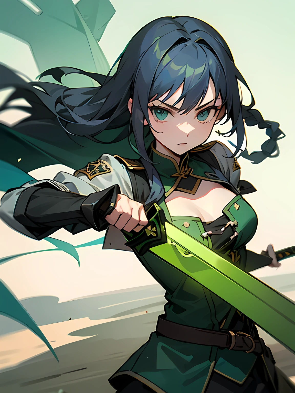  (fighting stance have a green sword:1.2),upperbody,looking at viewer,Adult women、 solo, mint green single braid, Valkyria style, Battle Maiden,Beautiful battlefield background, ((I am the main character)), Fascinating chest, Top quality