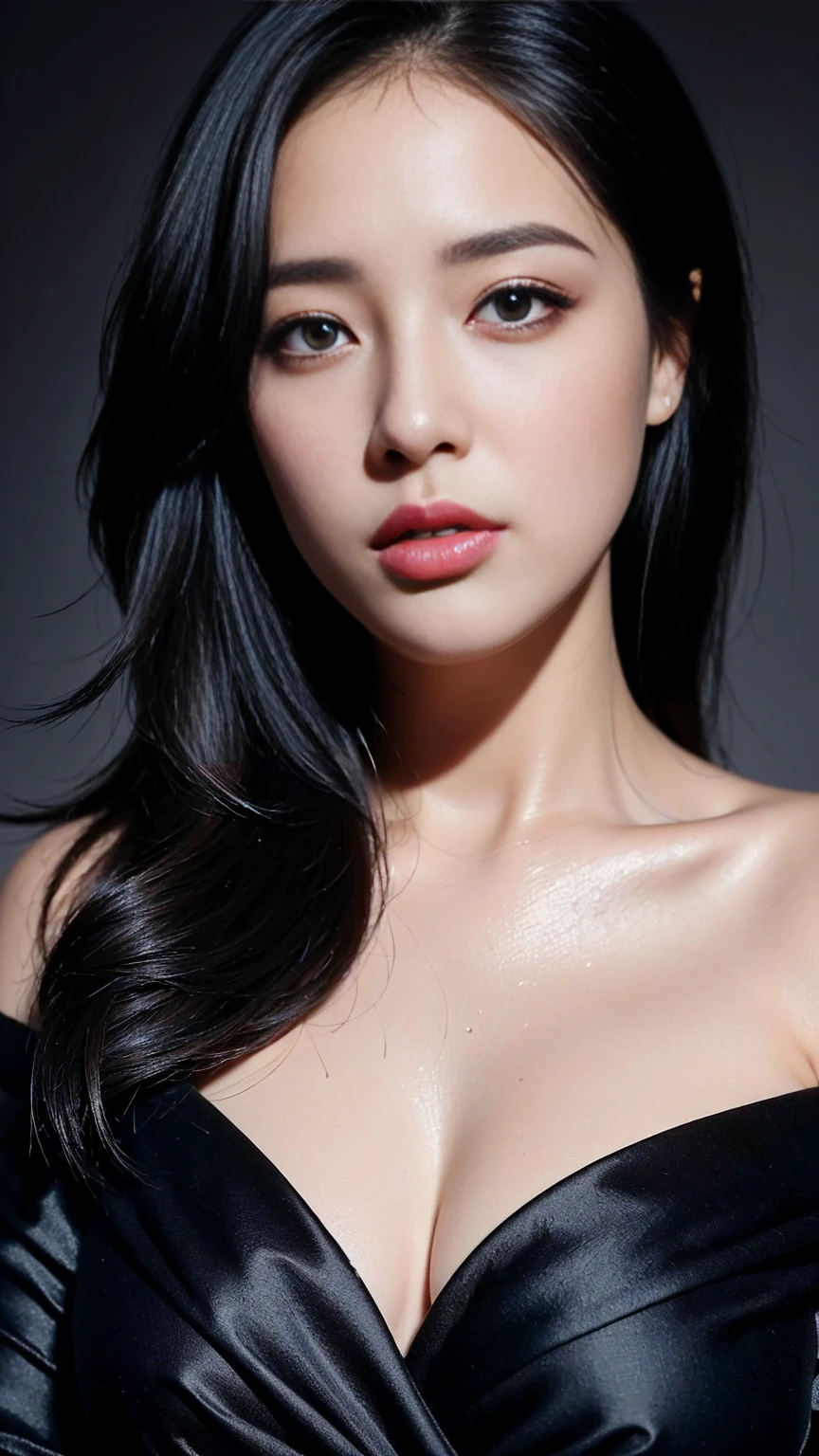((best quality, 8K, masterpiece :1.3)), very detailed, facing the camera head, intricately detailed, realistic, sharp features, very detailed, sharp focus, perfect face, perfectly symmetrical, perfect eyes, perfect lips, Flexible female form, cinematic, film light, very detailed, hyper realistic, masterpiece, atmosphere, high resolution, vibrant, dynamic studio lighting, NSFW, ((dark background)), sexy face, Facial expression when receiving joy, straight bangs, big bust, exposed cleavage, blue eyes, red sweater, bare shoulders, look at the viewer, atmosphere perspective, volumetric lighting, clear focus, absurd solution, realistic 비율, good anatomy, (realistic,Hyper-realistic:1.37), 16k HD, information, ((full shot)). Elegance:1.5, glamorous:1.5