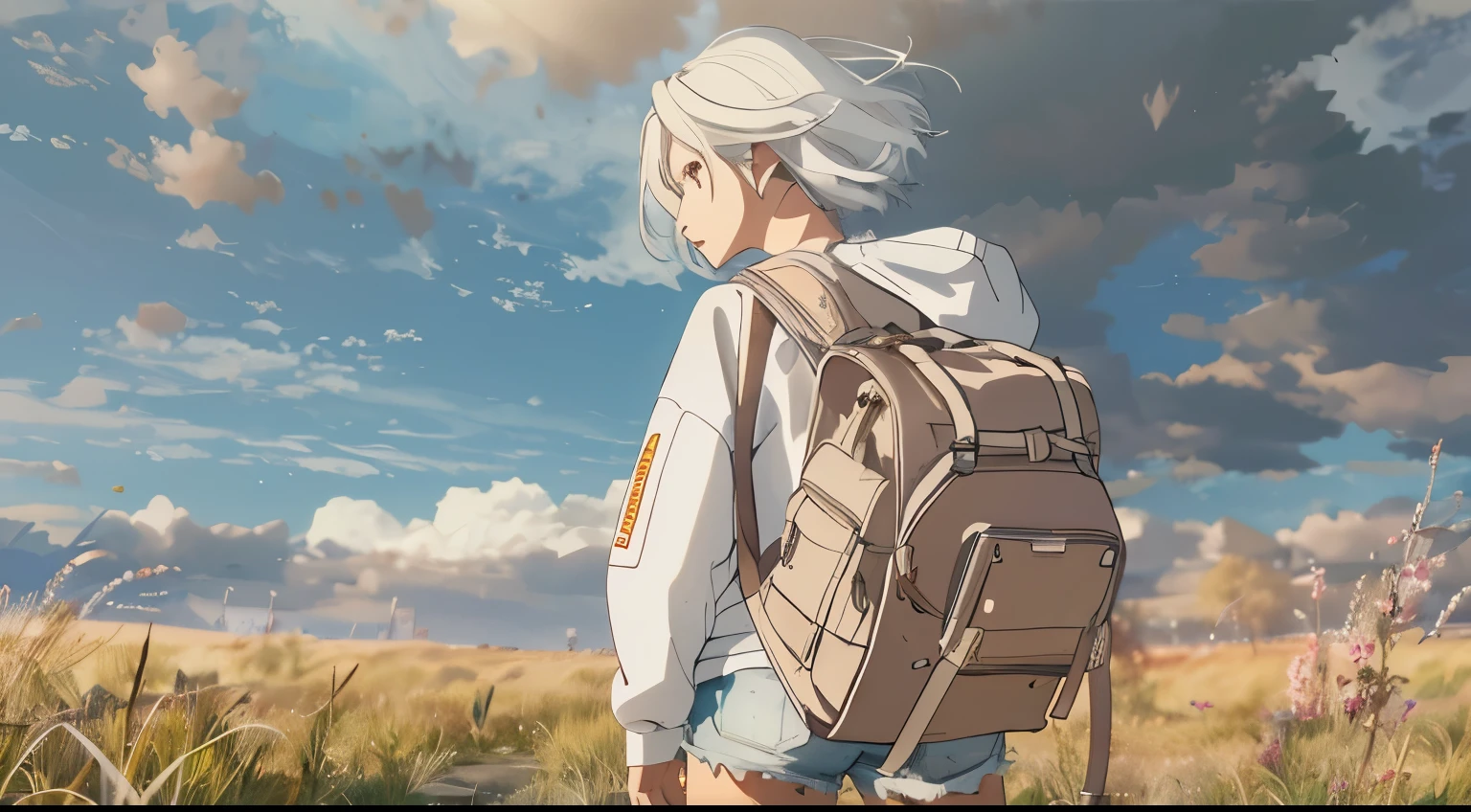 Vast Sky, A beautiful skyline in light pink, Vast grassland, Very tense and dramatic photo, Moving visual effects, The North Star Hanging High, Colorful natural light. Long sleeve tops, Denim shorts, Girl carrying a backpack.White Hair