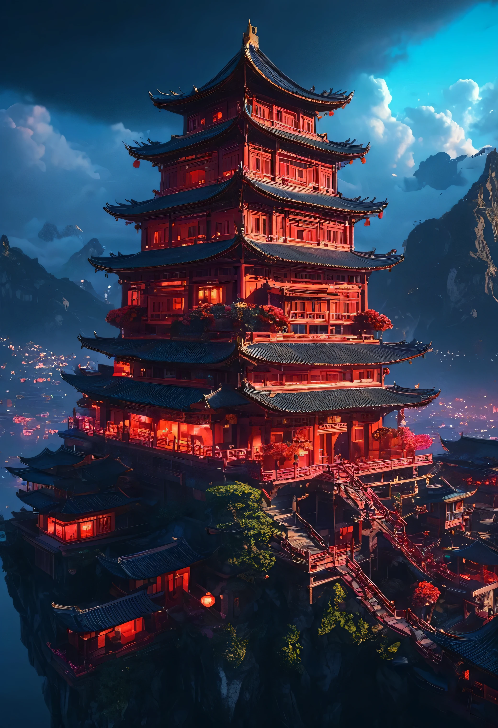 Buildings above the clouds(Ultra-high resolution:1.4)、(Fantasy、cyber punk、Ancient Chinese castles:1.3)、(Irregular red building:1.5)、(Floating in the clouds:1.2)、(Patchwork Cottage、Neon lighting、Floral decoration:1.4)、(Cityscape in the sky:1.1)、(Ross Tran、Inspired by Mikey Chan:1.2)、(Realistic lighting、Light Shaft、Warm glow:1.3)、(masterpiece:1.2)、(high quality、Beautiful graphics、Single image