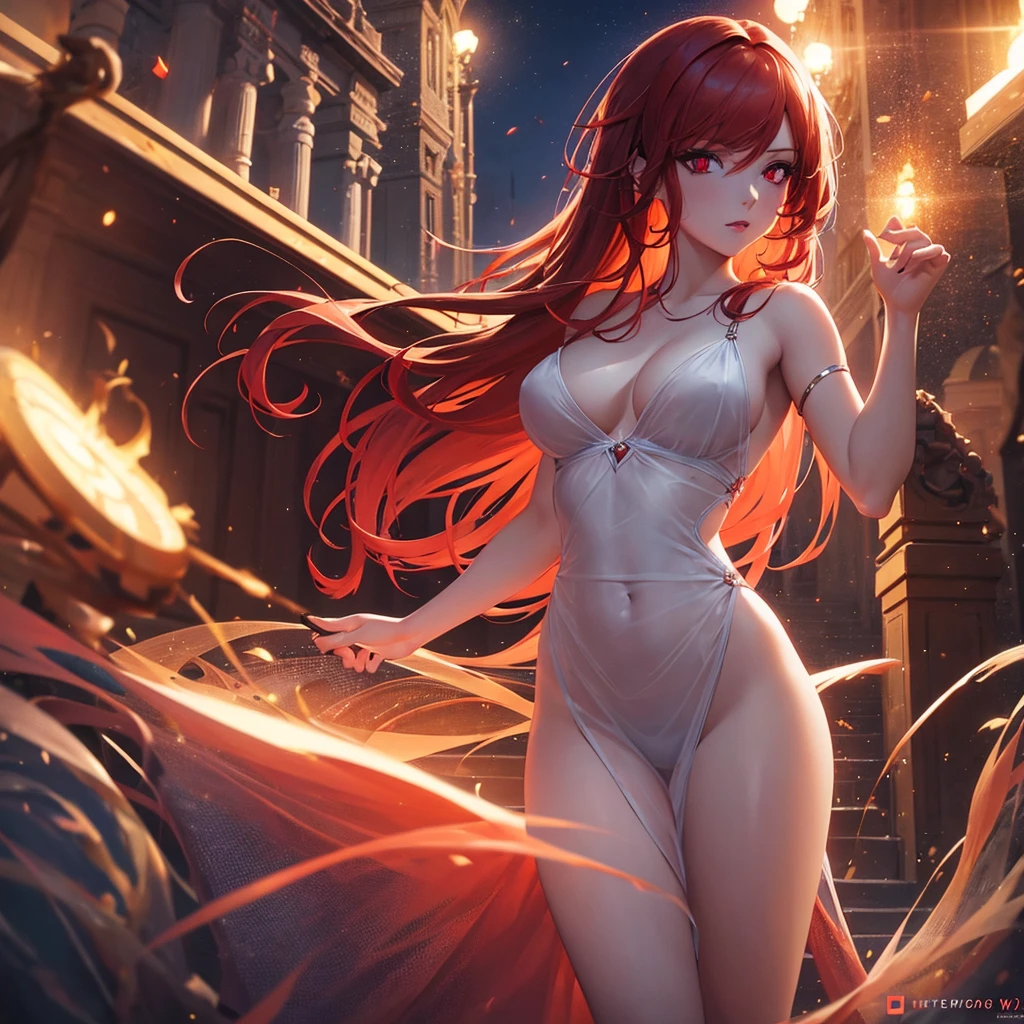 a beautiful redhead princess in a revealing dress, with a sexy gaze, showing her underwear, with red glowing eyes, detailed facial features, high quality, photorealistic, 8k, masterpiece, cinematic lighting, vibrant colors, dramatic composition