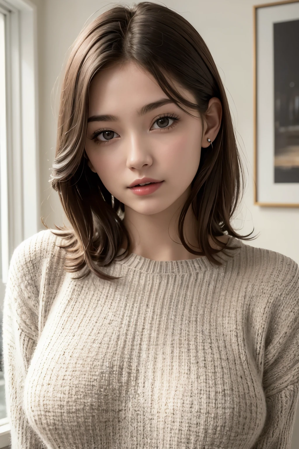 ((best qualityer)), ((work of art)), (detailded), 1 girl, ombro to ombro sweater, semi new, breasts big, face cumshot,