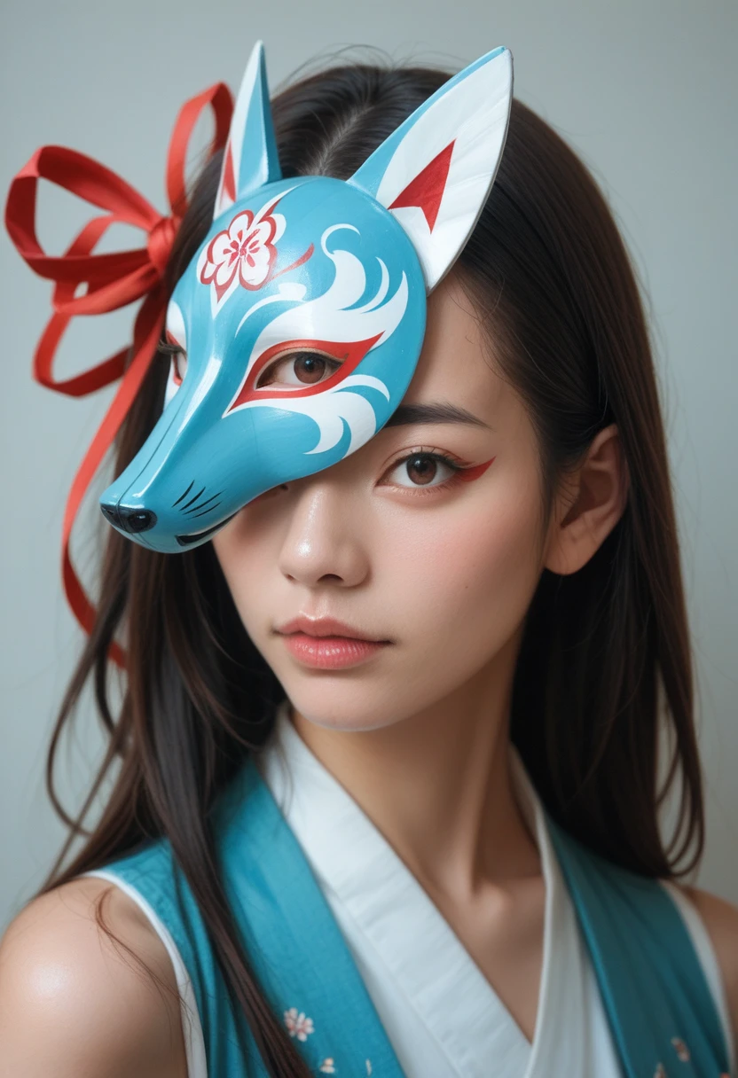 splash art, portrait of a beautiful traditional Japanese KITSUNE mask with ribbons, , magic, photorealistic, Lt. DKCW