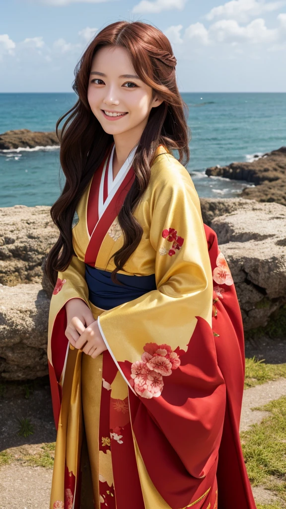 A woman wearing a kimono Red long hair Golden Eyes Smiling Ghibli style The background is the seaside