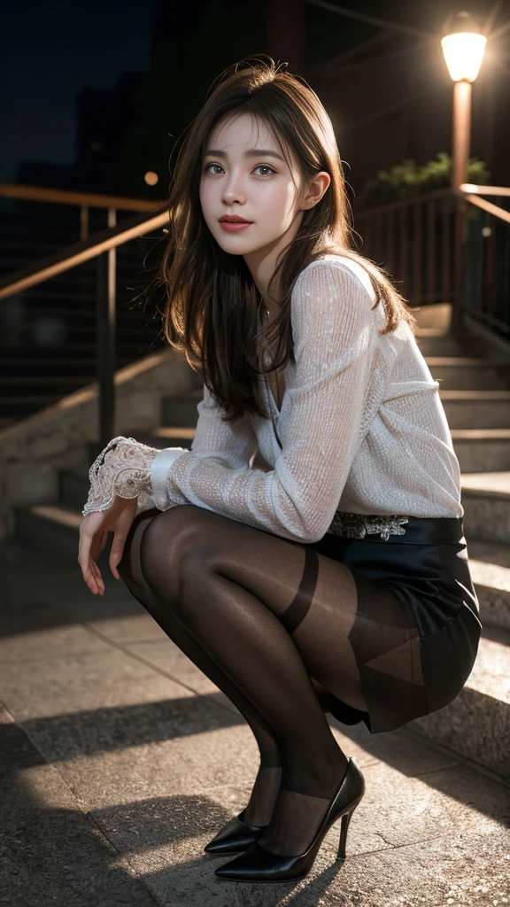 8K RAW Photos、High resolution、17 year old daughter、layered hair、Formal shirts、formal skirt、smile、long eyelashes、beautiful double eyelids、eye shadow、beautiful and thin legs、(super realistic pantyhose:1.3)、short hair、In front of the station at night、stairs at night、squat、Please sit down、Luxury High Heels、(intricate details:1.4),(realistic:1.4),octane rendering, Super detailed complex 3D rendering, soft light in the studio, rim light, vivid details, Super detailed, realistic skin texture, Surface details, Beautiful eyes in every detail, Highly detailed CG Unity 8K wallpaper, compensate, (detailed background:1.2),