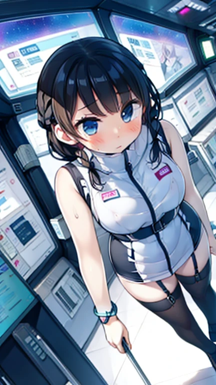 (Highest quality), (masterpiece), 1080P, High resolution, 4K, 8k, Inside the space station、Futuristic room、Thigh straps, Shooting from directly below, The woman on top of me, Nipples, 白いSweat, Covered , Sweat, Woman looking down, Skirt swimsuit, Thigh-high socks, To achieve this, , , whole body, Black leather shoes, Braided hair, Inner Color, Embarrassed face, Short black hair, bracelet, Bedroom,celestial body_Vest
