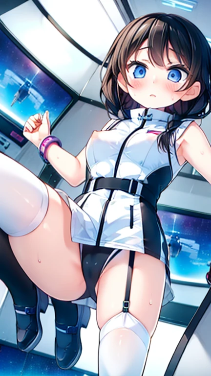 (Highest quality), (masterpiece), 1080P, High resolution, 4K, 8k, Inside the space station、Futuristic room、Thigh straps, Shooting from directly below, The woman on top of me, Nipples, 白いSweat, Covered , Sweat, Woman looking down, Skirt swimsuit, Thigh-high socks, To achieve this, , , whole body, Black leather shoes, Braided hair, Inner Color, Embarrassed face, Short black hair, bracelet, Bedroom,celestial body_Vest