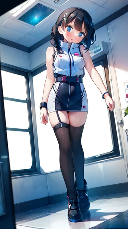 (Highest quality), (masterpiece), 1080P, High resolution, 4K, 8k, Inside the space station、Futuristic room、Thigh straps, Shooting from directly below, The woman on top of me, , 白いSweat, Covered , Sweat, Woman looking down, Skirt swimsuit, Thigh-high socks, To achieve this, 16 yearle body, Black leather shoes, Braided hair, Inner Color, Embarrassed face, Short black hair, bracelet, Bedroom,celestial body_Vest