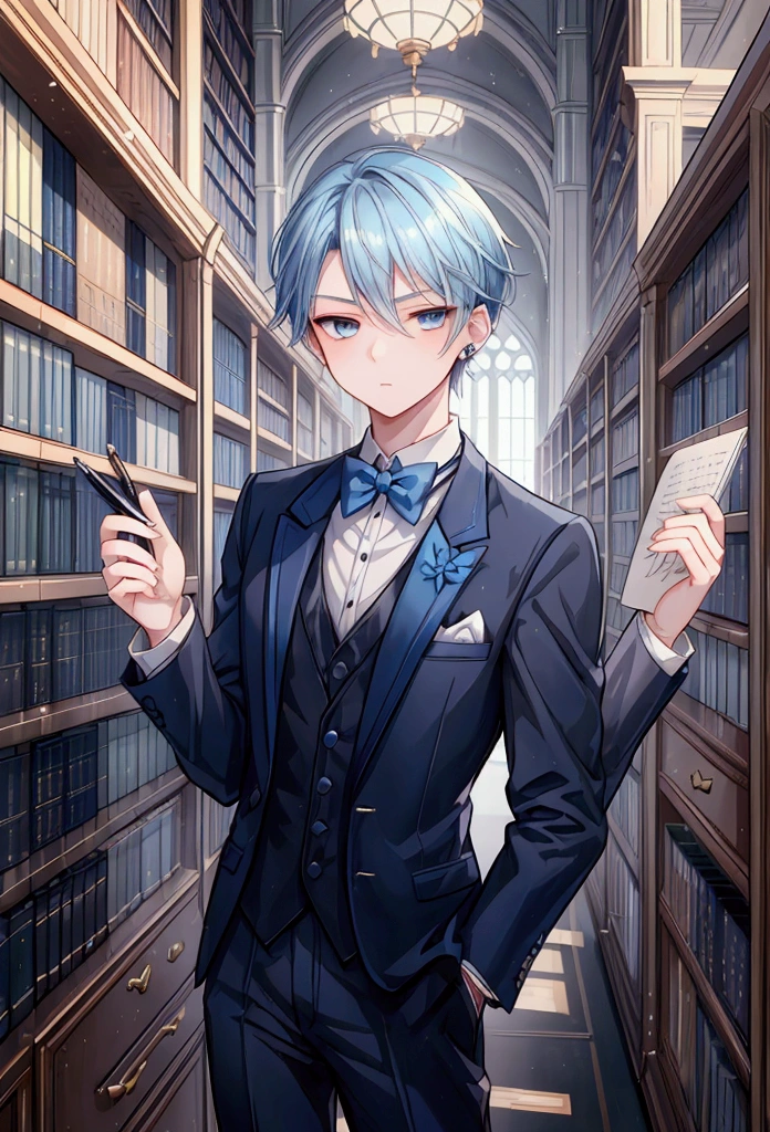 (masterpiece、premium quality、ultra detailed)、((1boy)), Young man with short, elegant blue hair, piercing blue eyes, dressed in formal writer's clothes, always carrying a pen in his hand, serious and calculating expression, background of a luxurious library or study, with shelves full of old books, anime style with refined and elegant details.