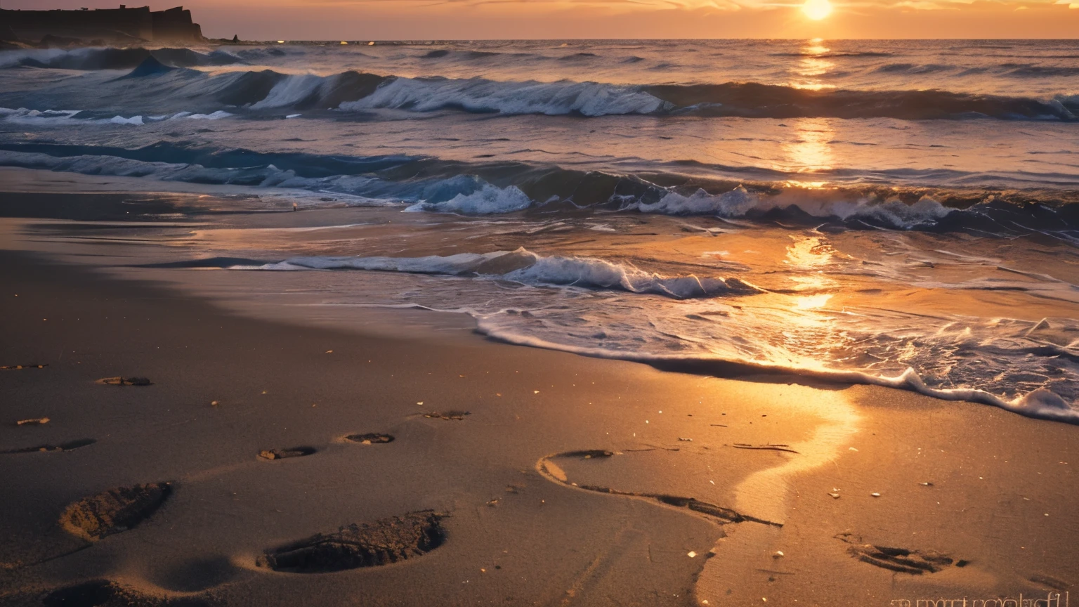 Title: “Poetry of the Evening” Create an ultra-realistic image of a beach at the end of the day, with a radiant sunset, the sand taking on shadows and a lit bonfire, as the first stars begin to appear in the sky.
The beach is bathed in golden and orange light, coming from the sun that sets on the horizon. The last rays of the sun are reflected in the sea water, creating a sparkling and serene effect.
The fine, clear sand of the beach takes on soft shadows and textures as the daylight weakens.. Small ripples and reliefs on the surface of the sand are visible, giving realism to the scene.
In the foreground, a fire burns brightly, projecting flames and luminous sparks that dance over the sand. The warm light of the bonfire contrasts with the cold tones of the sky, which gradually turns into a dark cloak dotted with the first twinkling stars.
Ao fundo, the horizon line is marked by the silhouette of rocks and cliffs, that merge with the sky in shades of blue, violet and orange, creating a magical and contemplative atmosphere.
Additional details to include:
Realistic sand textures, of wood from the campfire and sea water Reflections of sunlight and campfire on the surface of the water Subtle movements of smoke and flames from the campfire Color gradient in the sky, from orange to dark blue Brightness of the first stars appearing in the sky Beach elements, like shells, pebbles and vegetation by the sea The scene should convey a sense of tranquility, contemplation and connection with nature, in a moment of transition between day and night, full of beauty and poetry.