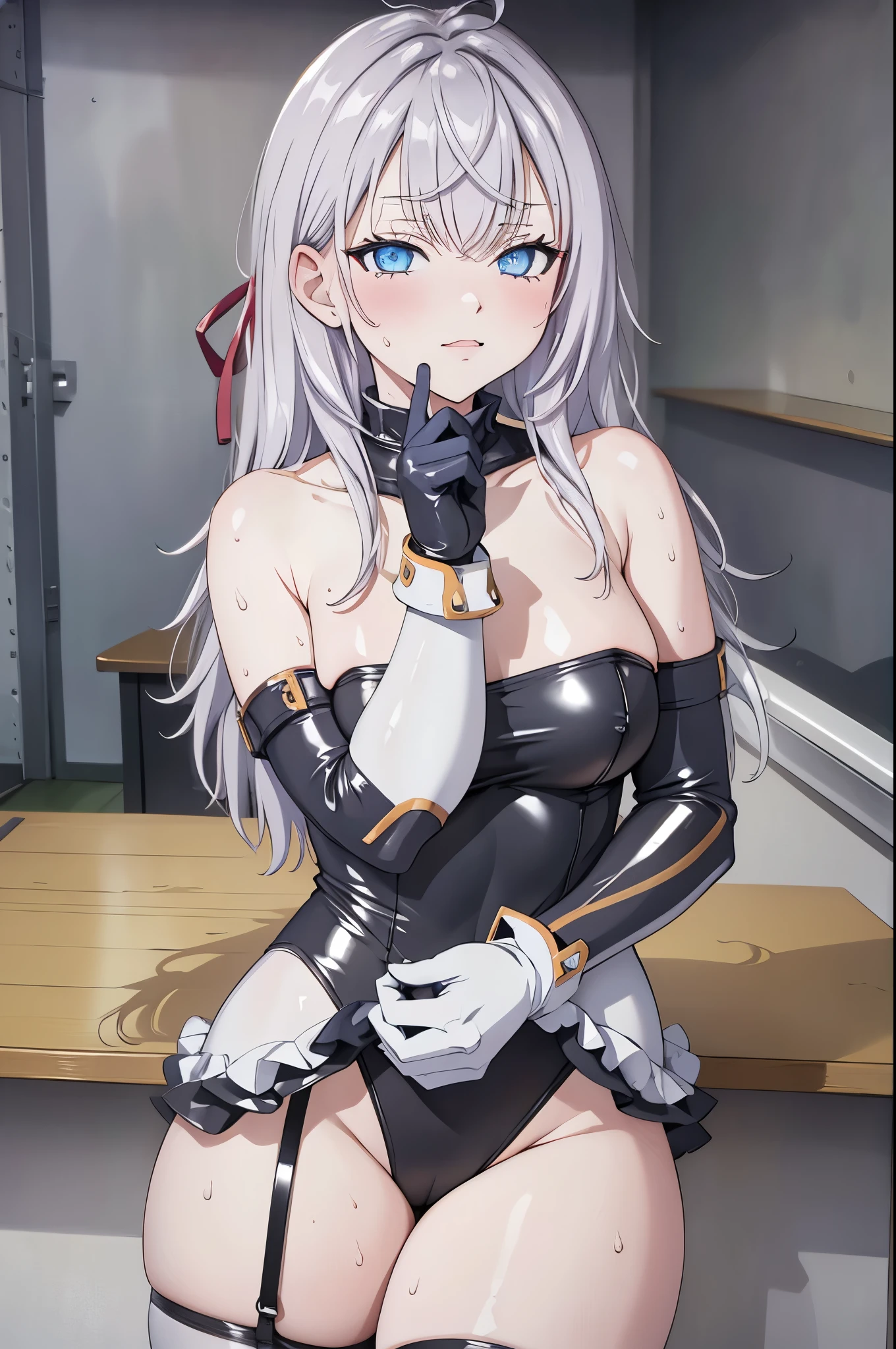sexy girl no clothes, big bobs , White background sexy pantyhose, sweating a lot, gloves on hands, white hair, detailed blue eyes, topless