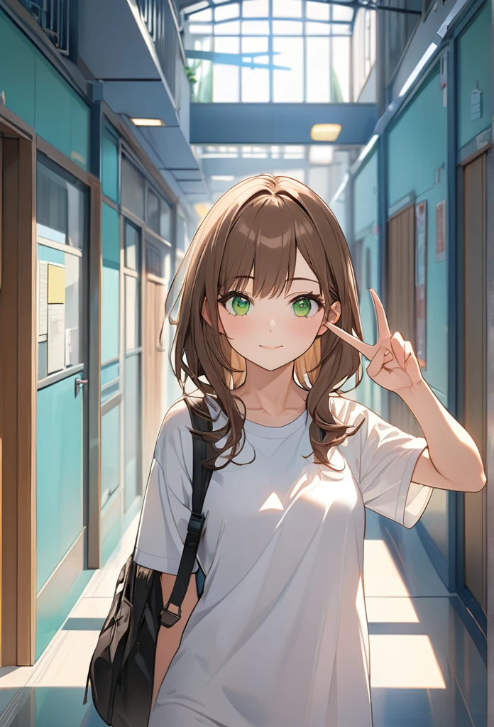 Brown-haired girl、、green eyes、Calm Afternoon - Very detailed、masterpiece, Highest quality, Bright - With a bright school hallway in the background、Relaxed facial expression、one hand making a peace sign、(Detailed fingers), (Emotional), (Breathtakingly beautiful), (main part:1.2 Whole body), (Anime Style), (Very detailed), (超High resolution, High resolution), (8k), (Complex and beautiful: 1.2)
