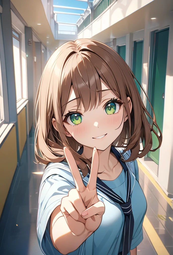 Brown-haired girl、、green eyes、Calm Afternoon - Very detailed、masterpiece, Highest quality, Bright - With a bright school hallway in the background、Relaxed facial expression、one hand making a peace sign、(Detailed fingers), (Emotional), (Breathtakingly beautiful), (main part:1.2 Whole body), (Anime Style), (Very detailed), (超High resolution, High resolution), (8k), (Complex and beautiful: 1.2)
