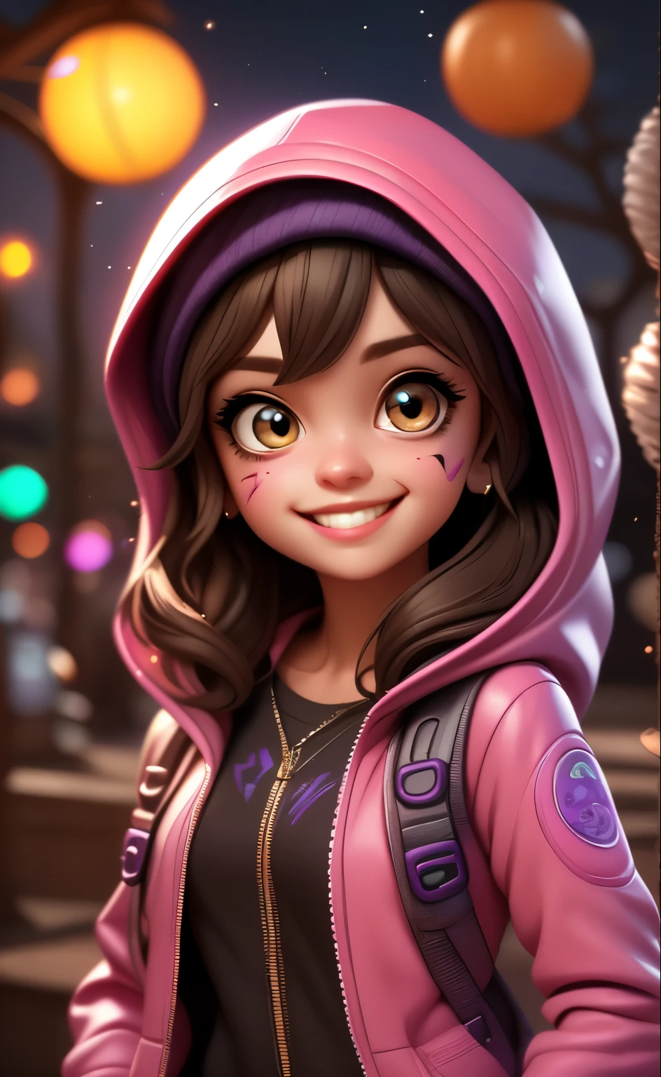 detailed background, masterpiece, best quality, smile, ornament, hood, portrait, neon pink, graffiti, dark, night, bright eyes, purple light