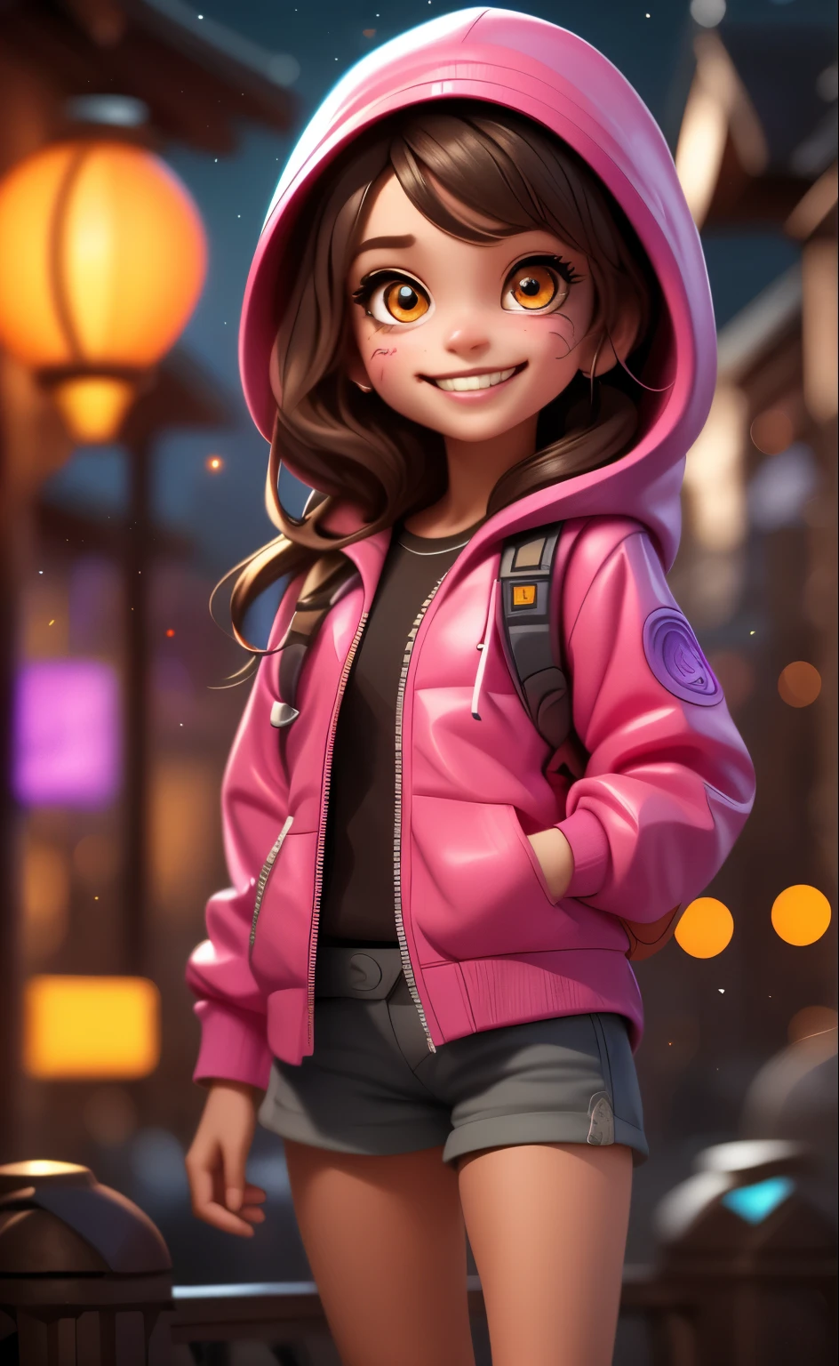 detailed background, masterpiece, best quality, smile, ornament, hood, portrait, neon pink, graffiti, dark, night, bright eyes, purple light