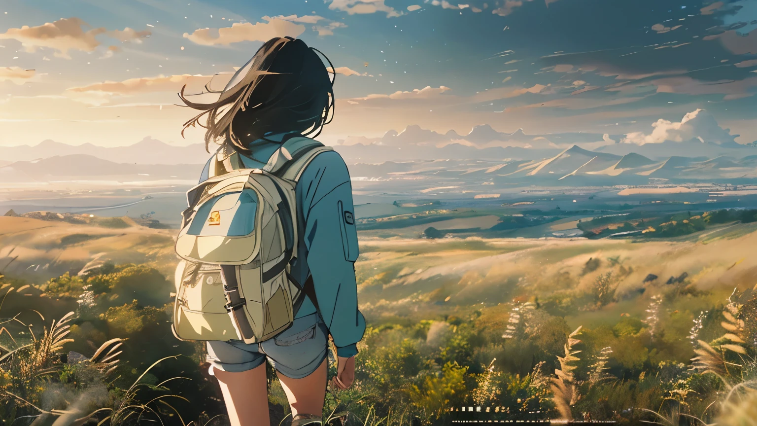 Vast Sky, A beautiful skyline in light pink, Vast grassland, Very tense and dramatic photo, Moving visual effects, The North Star Hanging High, Colorful natural light. Long sleeve tops, Denim shorts, Girl carrying a backpack, Panoramic view from above, Capturing the vastness of nature. Soft lighting creates a warm atmosphere.