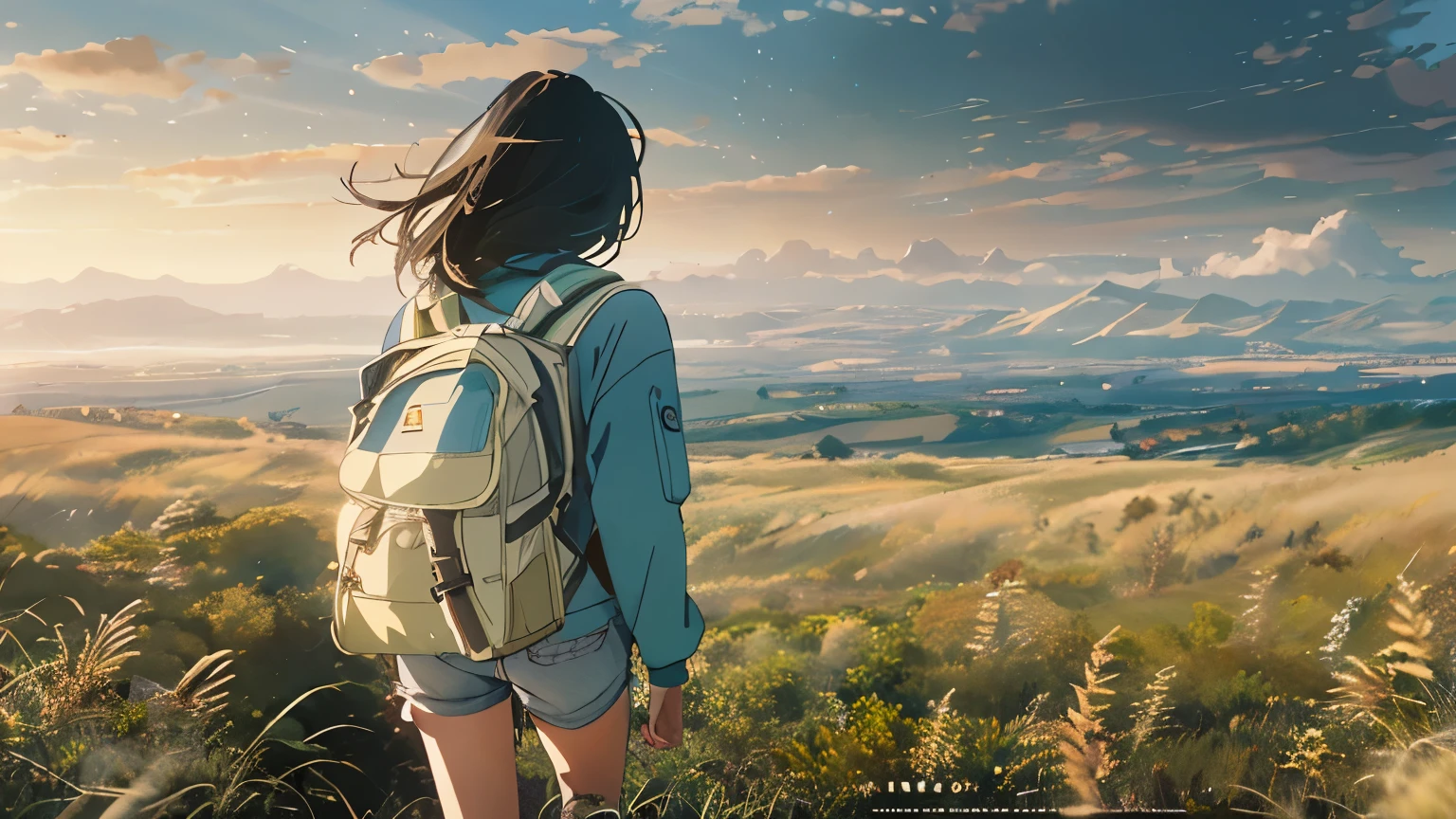 Vast Sky, A beautiful skyline in light pink, Vast grassland, Very tense and dramatic photo, Moving visual effects, The North Star Hanging High, Colorful natural light. Long sleeve tops, Denim shorts, Girl carrying a backpack, Panoramic view from above, Capturing the vastness of nature. Soft lighting creates a warm atmosphere.