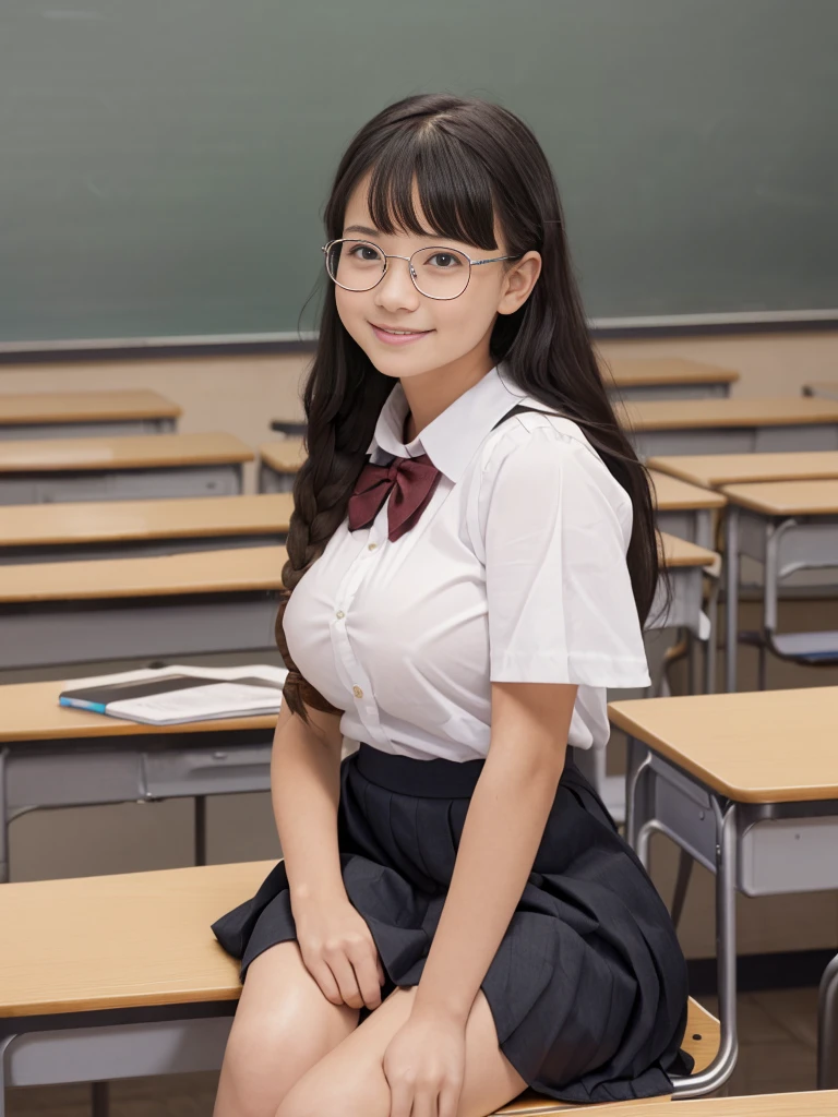 (8k,RAW Photos,Highest quality,masterpiece:1.5),(Observe the audience:1.5),smile,Black Hair,(Live Action:1.5),(Realistic expression:1.5),(Junior high school girl:1.5),(school uniform:1.5),(The background is an empty classroom:1.5),(Young Face:1.5),(Big Breasts:1.5),Show me your beautiful teeth,(Braiding),(Glasses),(She lifted her skirt to show her vagina.:1.5),(legs wide open to the sides:1.5),(short:1.4),sitting on desk