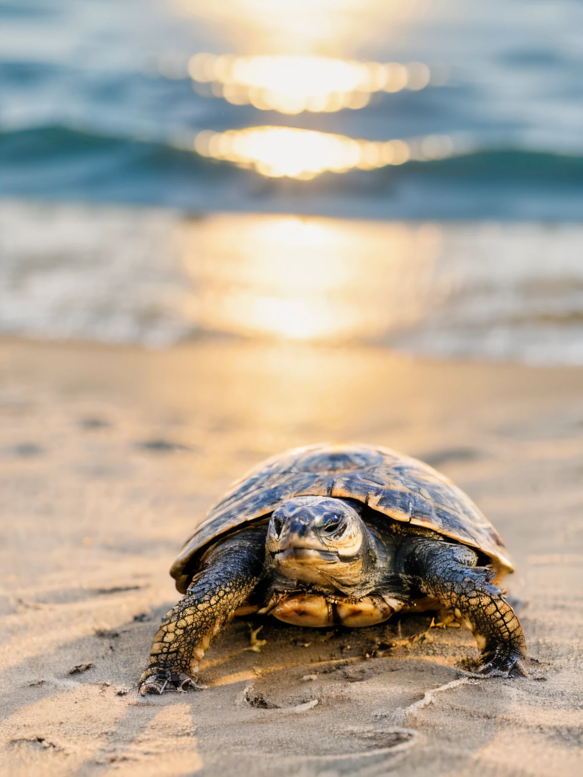 (masterpiece:1.2, best quality:1.2), professional lightings, cinematic lightings, 8k wallpaper, 1turtle, ultra realistic portrait of sea turtle, ((sea turtle on the beach)), 