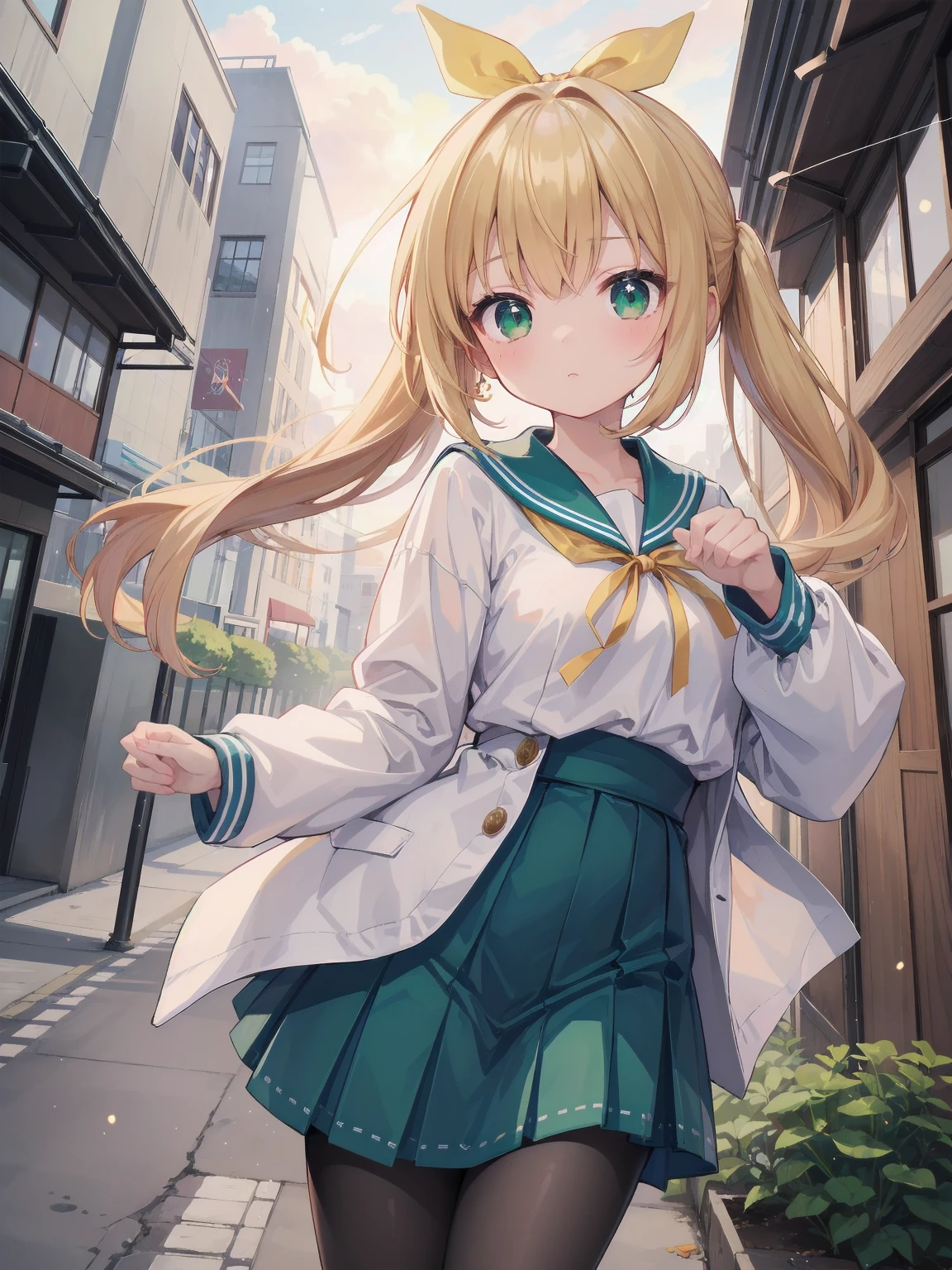 Masterpiece, illustration, super detailed, kawaii, one girl, 独奏, slender 14 year old, Japanese girl, chou chou, ribbon, nape of neck, low ponytail, cute pose in Less revealing attire, (green sailor outfit, two gold lines), large gold ribbon, priss skirt, black pantyhose, , Long Sleeves, White innerwear for sailor suit, living room, cowgirl shot, sfw, dynamic angle、Close-up on the characters、(building, city、A dense fog of fluorescent particles、１８００Era、Japanese Style、Fiction、grow、Overwhelming、Detailed street）、A beautiful girl with a beautiful background and a super cute pose
