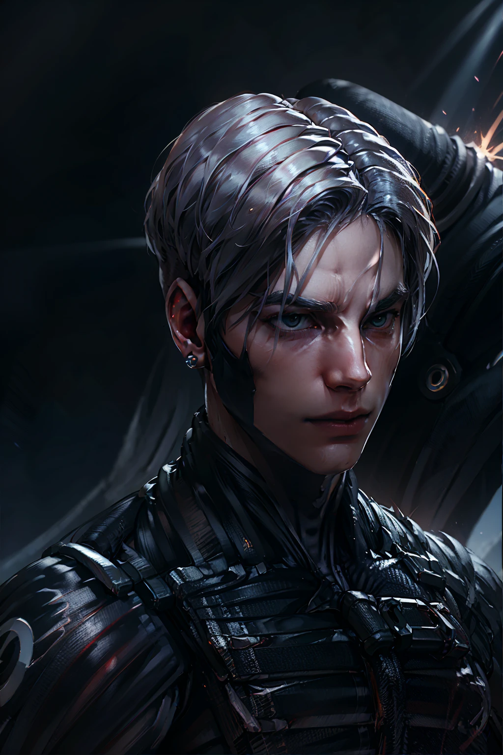 {Best Quality, 8k, Masterpiece}, (Realistic), [[Male]], [[White Hair]], ((Middle Part Haircut)), (Earrings), (Mask)
