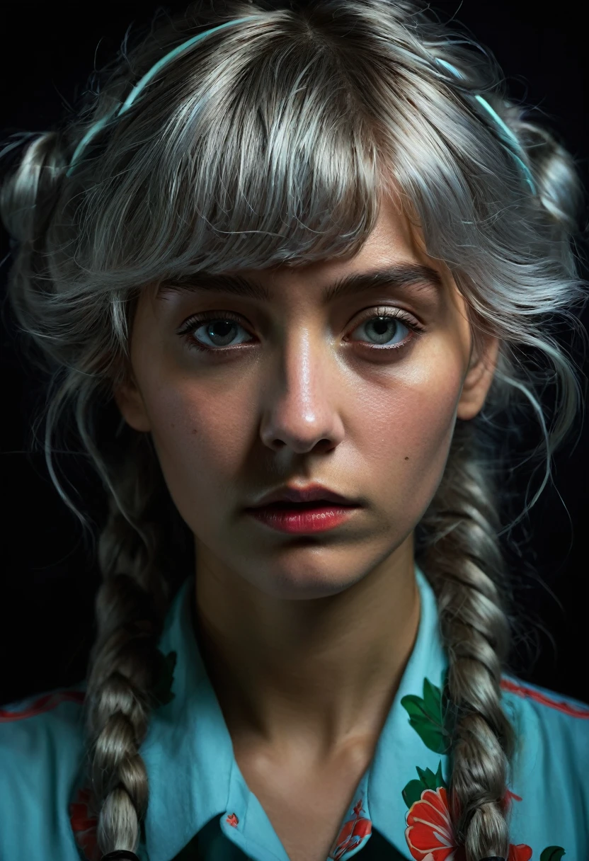 (front focus), (In the dark: 1.6), surreal female portraits by David Hockney and Alphonse Mucha, Fantasy Art, photographic realism, dynamic lighting, art station, poster, volumetric lighting, very detailed faces, 4k, shackles, Bermuda, 1 girl, In the dark, deep shadow, low key, cowboy shot, (Uniforme oficial: 1.4), by the wide, gray hair,