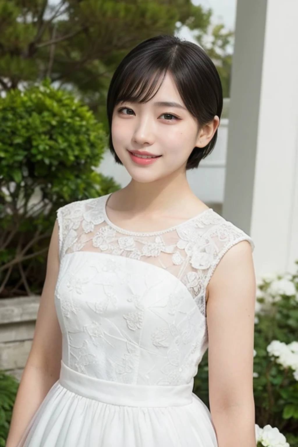 (wedding short hair:1.2), (white wedding dress, intricate dress, ball gown, bridal veil, bride, curtains, depth of field, dress, flower, hair flower, hair ornament, see-through, white flower, white rose:1.1), (face full of joy:1.3), one girl, 14 years old, 8k, RAW photo, best quality, masterpiece, realistic, photo-realistic, clear, professional lighting, BREAK, no makeup face, smile, BREAK, (short cut hair, small breasts:1.2), (looking back:1.2), (black eyes, black hair:1.2), full body shot