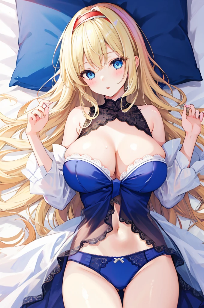 A girl with big ,Alice漫游仙境,fairy tales,((Alice)),Light blond long hair,Blue Eyes,Well-behaved and cute,Lace underwear,Lying in bed,