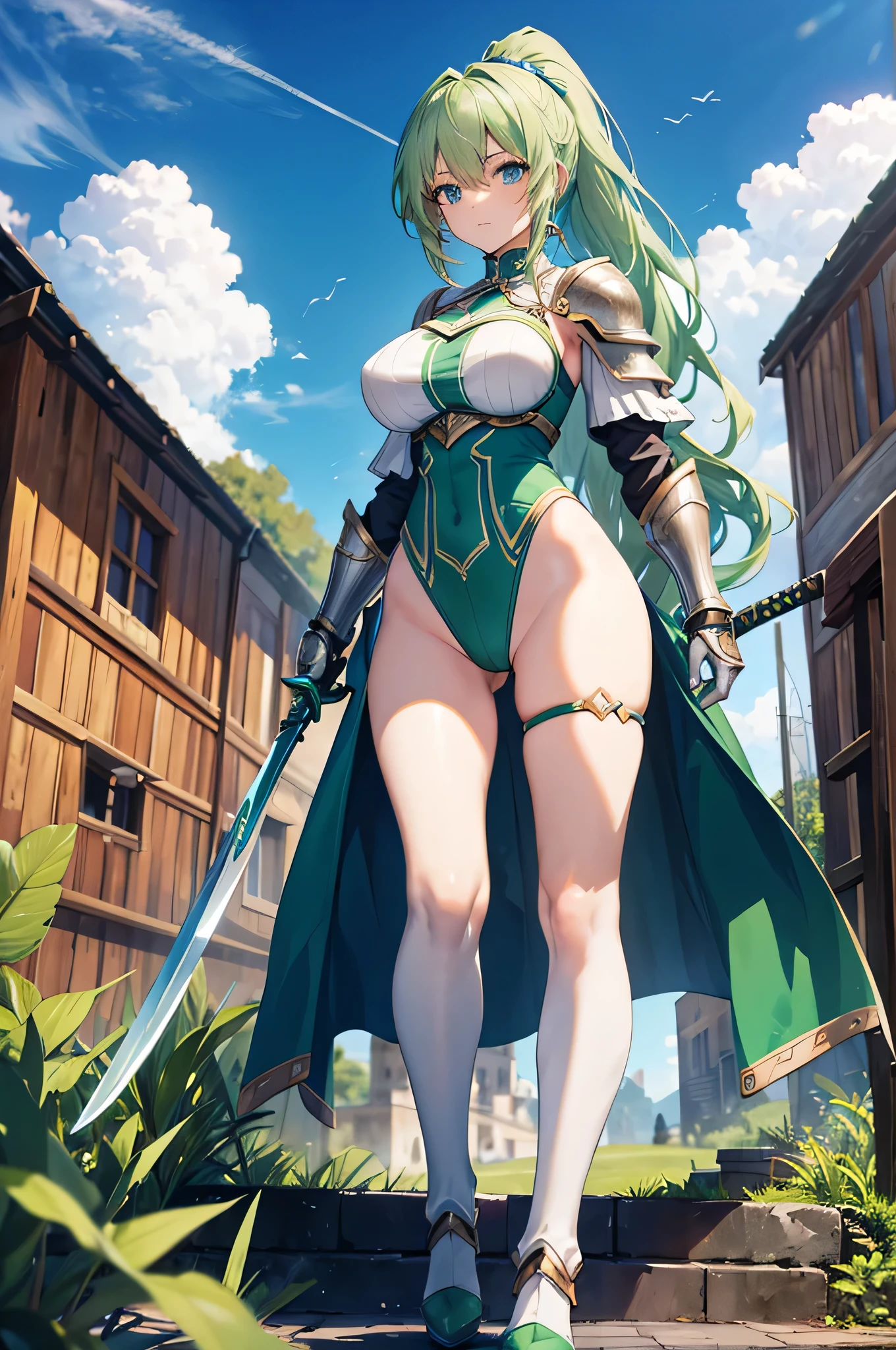 4K,High resolution,One Woman,Green Hair,Long Ponytail,Blue Eyes,Big Breasts,knight,White high leg leotard armor,Full Armor,Green gloves,Green shoes,Jewelry decoration,Long sword,Medieval town