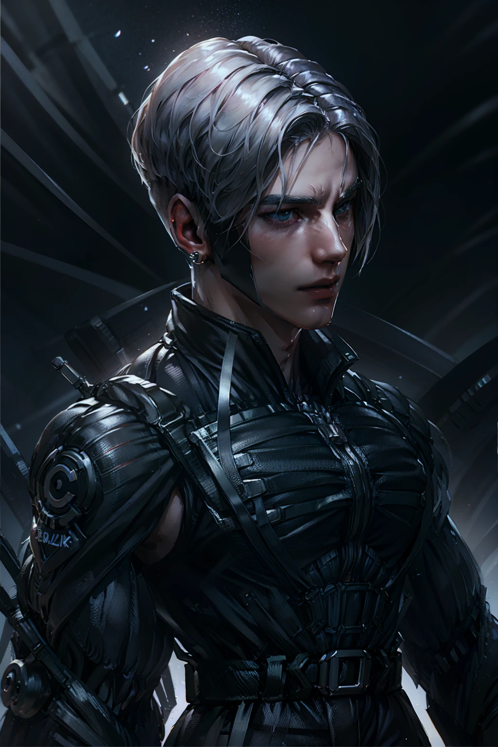 {Best Quality, 8k, Masterpiece}, (Realistic), [[Male]], [[White Hair]], ((Middle Part Haircut)), (Earrings), (Mask)
