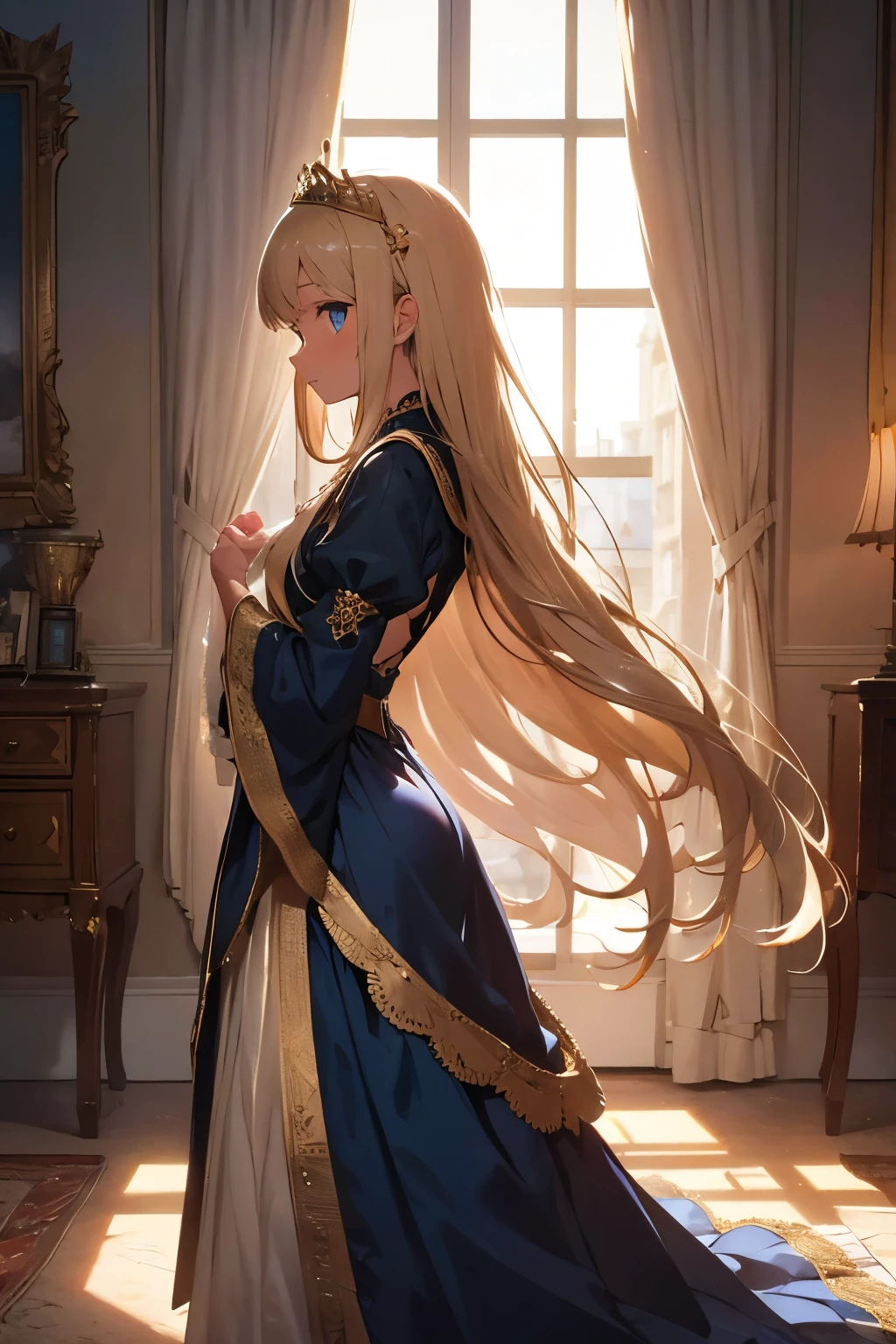 (HD, High Definition, 4k)(full body) (detailed eyes)(is in profile) (seen from afar)A young 15 year old princess in a medieval fantasy world, with long golden curls that cascade over her shoulders and bright blue eyes that reflect the light. Wear an elegant royal blue silk dress, adorned with golden lace and delicate jewels. She wears a small gold tiara encrusted with sapphires on her head., enhancing his air of nobility. Her delicate hands hold a lace fan as she stands in a majestic castle hall, with tall windows that let in the sunlight and velvet curtains. His posture is elegant, and his expression reflects a mixture of curiosity and innocence. (a castle in the background)