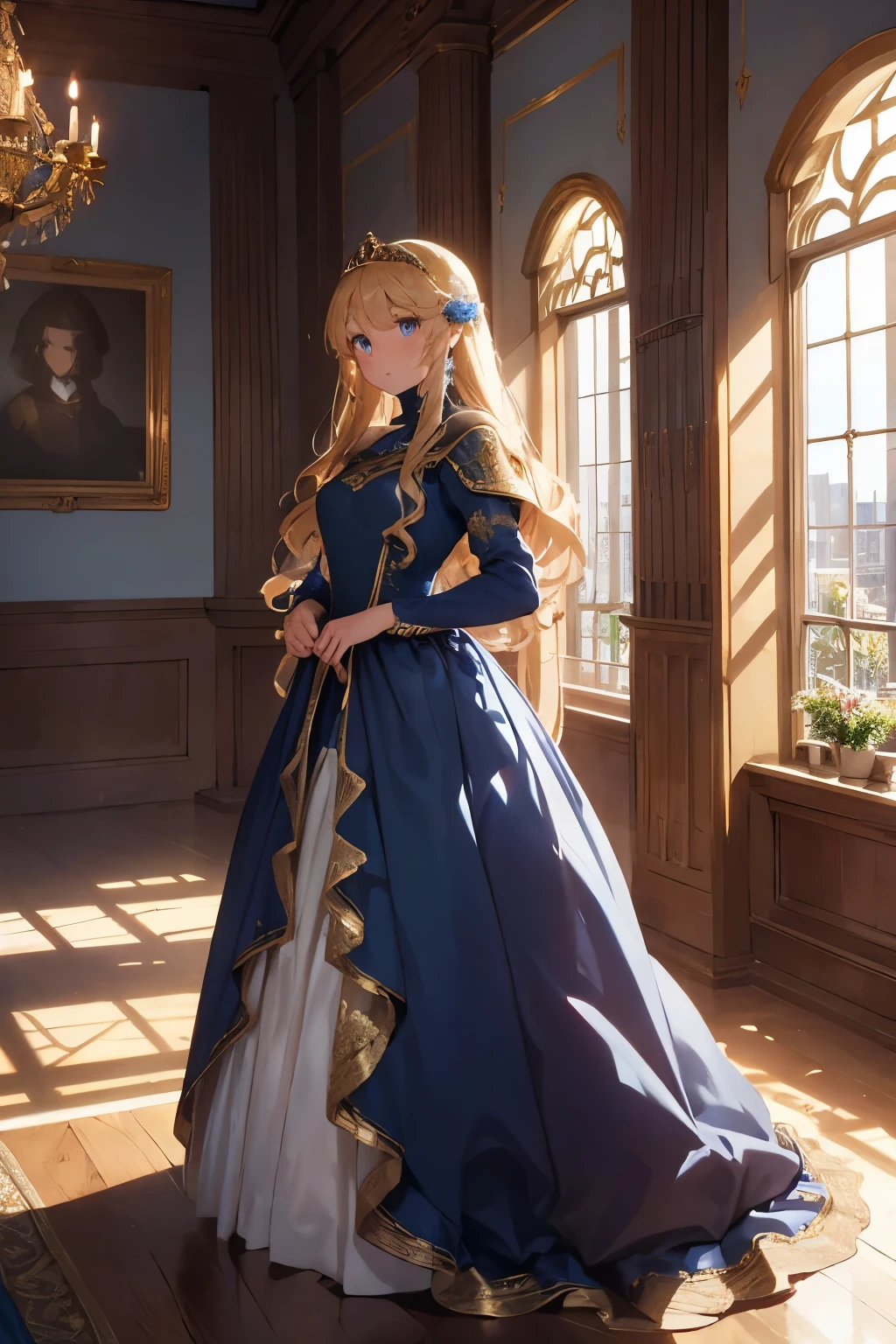 (HD, High Definition, 4k)(full body) (detailed eyes)(is in profile) A princess in a medieval fantasy world, with long golden curls that cascade over her shoulders and bright blue eyes that reflect the light. Wear an elegant royal blue silk dress, adorned with golden lace and delicate jewels. She wears a small gold tiara encrusted with sapphires on her head., enhancing his air of nobility. Her delicate hands hold a lace fan as she stands in a majestic castle hall, with tall windows that let in the sunlight and velvet curtains. His posture is elegant, and his expression reflects a mixture of curiosity and innocence. (a castle in the background)