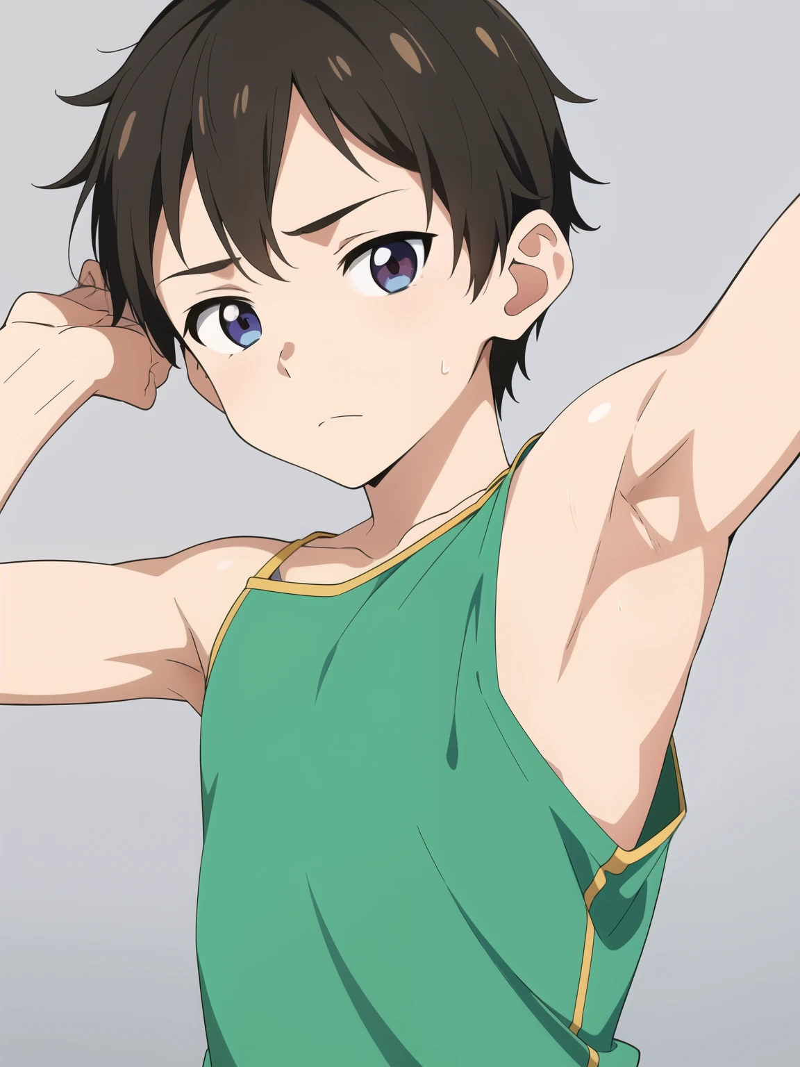 Highres, Masterpiece, Best quality at best,Best Quality,hight quality, hight detailed, Anime style, age 12, 1boy, Boy, Shota, Solo person, young boy, upper body, slim body, Sleeveless shirt, bare shoulder, grey background, (Showing armpit:1.3), Give me a picture of the armpit of a young boy, the armpit looks clean and smells good, the armpit is very beautiful, the boy is teasing using his armpit, shine closer to the armpit, Cute armpit, Sexy armpit, seductive armpits, Such a cute smooth armpit, The armpits of a 12 year old boy, Adorable little armpits, Give me a proportional picture of a 12 year old boy's armpits, (very young boy), (Very small and short body), uhd, bokeh