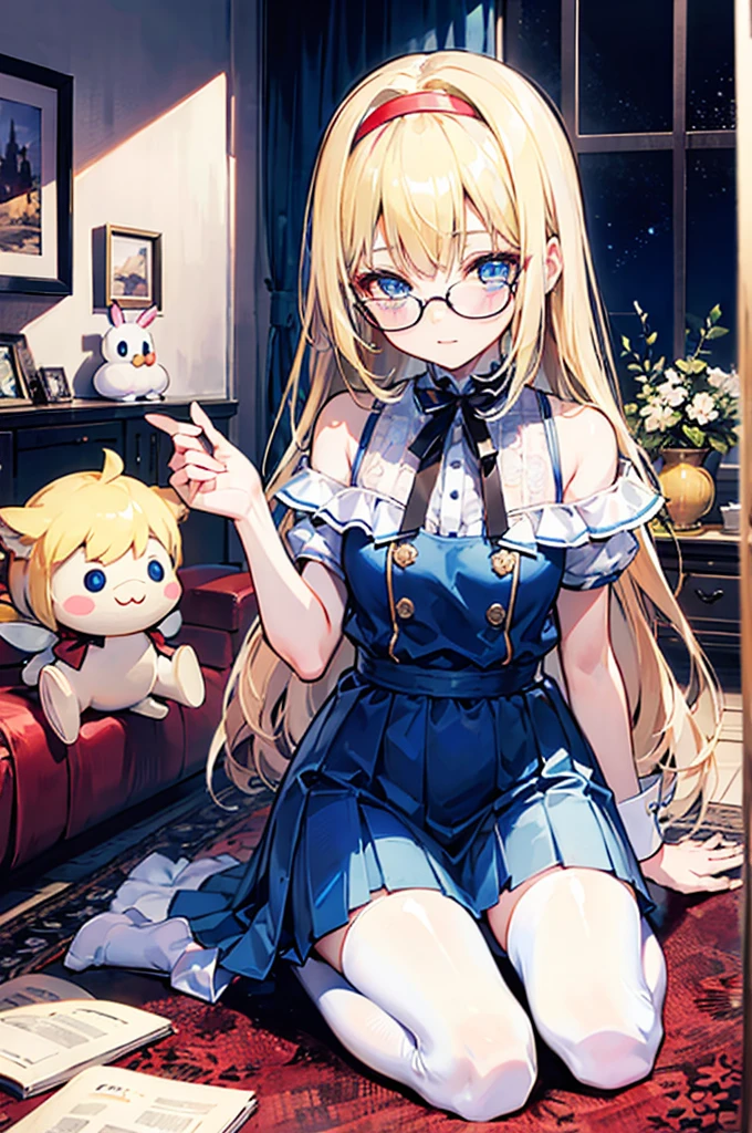 Alice漫游仙境,fairy tales,((Alice)),Light blond long hair,Blue Eyes,Well-behaved and cute,Toy Room,Rabbit Doll,