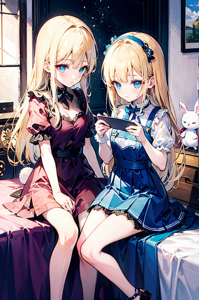 Alice漫游仙境,fairy tales,((Alice)),Light blond long hair,Blue Eyes,Well-behaved and cute,Toy Room,Rabbit Doll,