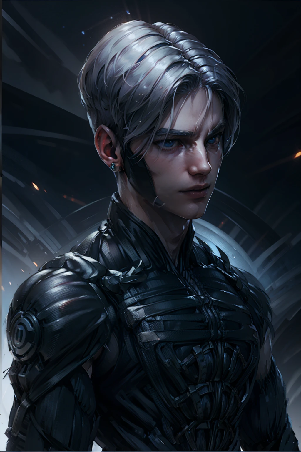 {Best Quality, 8k, Masterpiece}, (Realistic), [[Male]], [[White Hair]], ((Middle Part Haircut)), (Earrings), (Mask)