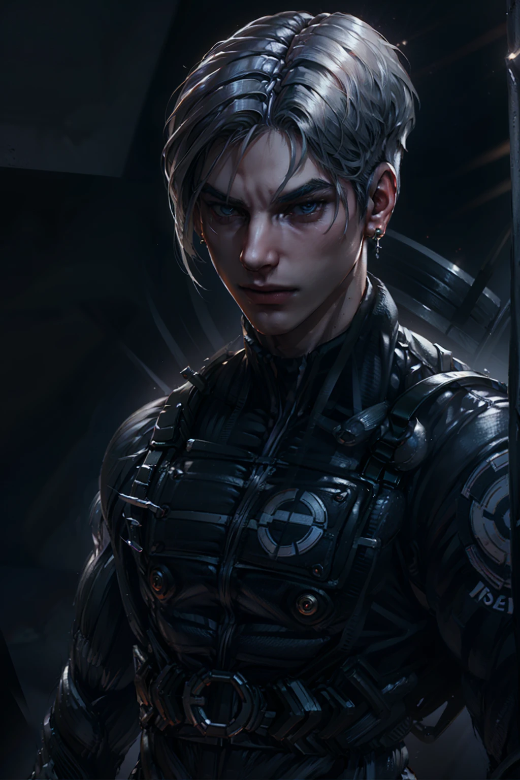 {Best Quality, 8k, Masterpiece}, (Realistic), [[Male]], [[White Hair]], ((Middle Part Haircut)), (Earrings), (Mask)