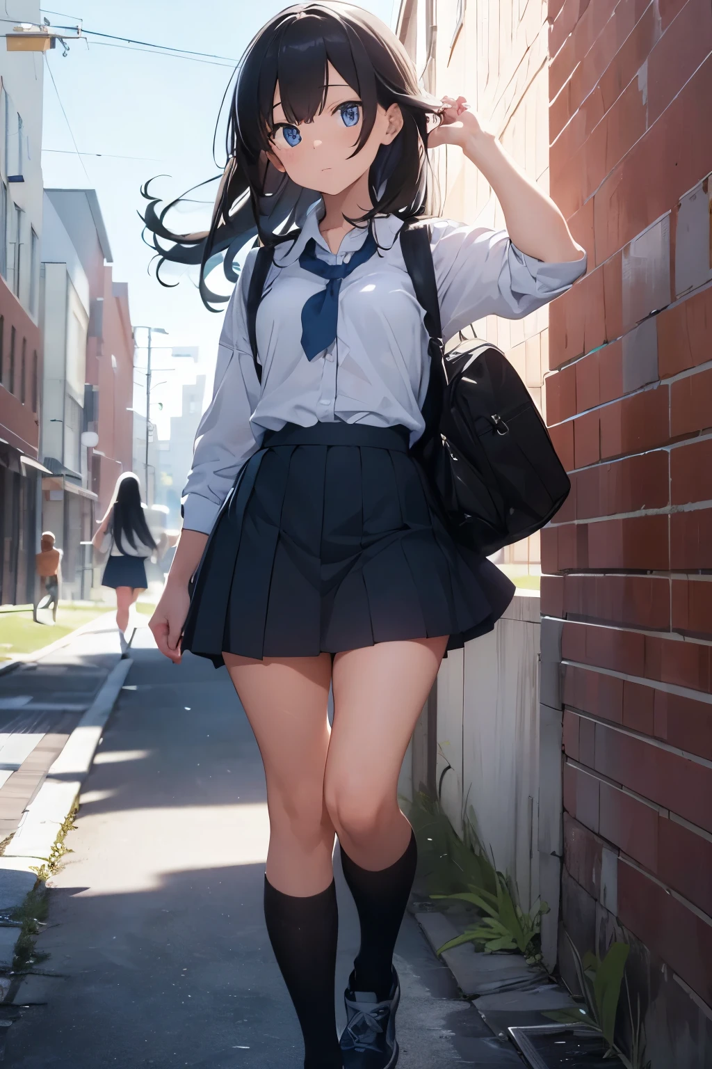 (HD, High Definition, 4k)(full body) (detailed eyes)(is in profile)(It is very far away)(Whole body) A 15-year-old student with long black hair that falls gently down her back, complemented by his bright blue eyes. His athletic figure reflects his dedication to the sport. He wears an impeccable school uniform: a well-ironed white shirt and a blue skirt that falls just above her knees. His expression is determined and focused as he holds a backpack over one shoulder., walking through the school hallways with confidence. The wind moves his hair slightly as he goes, highlighting their presence in the school environment.