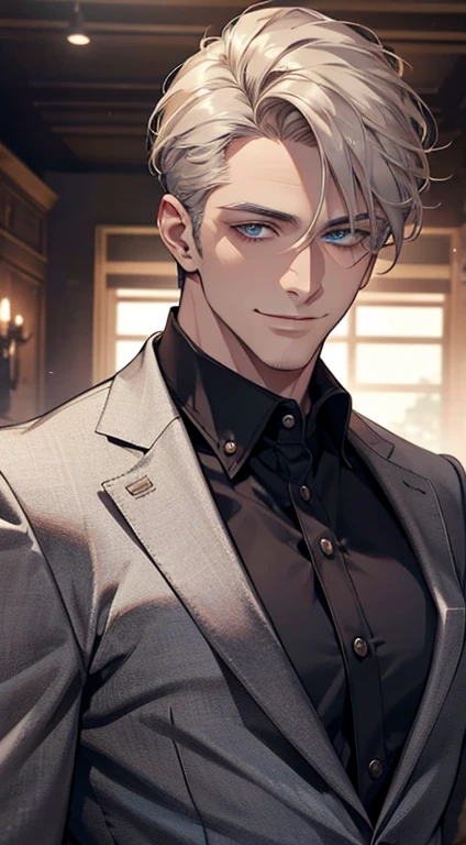 a mature man, very handsome, short grey golden hair, beautiful blue eyes, perfect detailed face, buttoning his jacket, CEO, smiling in love, cinematic lighting, 1:4 HDR, photorealistic, ultra detailed, 8K, best quality, masterpiece
