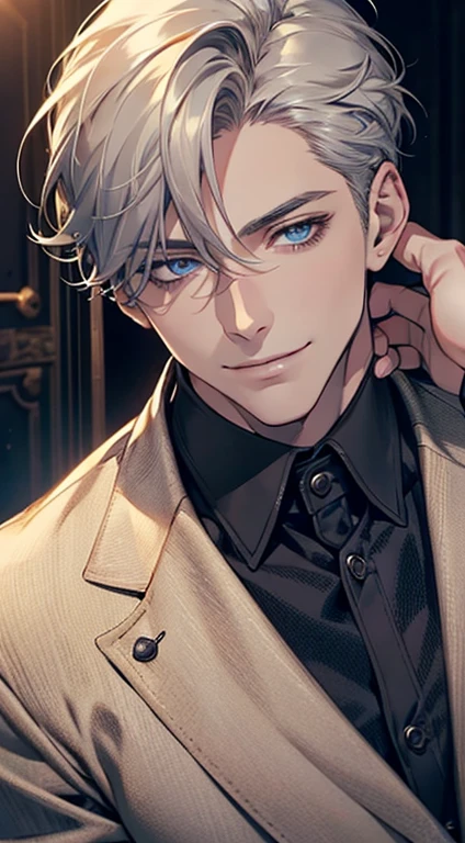 a mature man, very handsome, short grey golden hair, beautiful blue eyes, perfect detailed face, buttoning his jacket, CEO, smiling in love, cinematic lighting, 1:4 HDR, photorealistic, ultra detailed, 8K, best quality, masterpiece