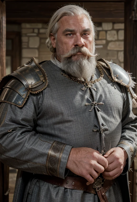 A knight of 60 years, big-boned, broad-shouldered, barrel-chested, strong sharp features. He has a thick mustache and keeps his hair close-cropped. Eustace's hair has turned white as milk, but his mustache and eyebrows were ashy gray. His eyes were a paler gray color, and appeared to be full of sadness. The knight wore mail and plate. Eustace's long, woolen surcoat, decorated with the chequy lion of his family, was faded yellow. A chequy lion also adorned his frayed silk cloak, and he wielded a sword.