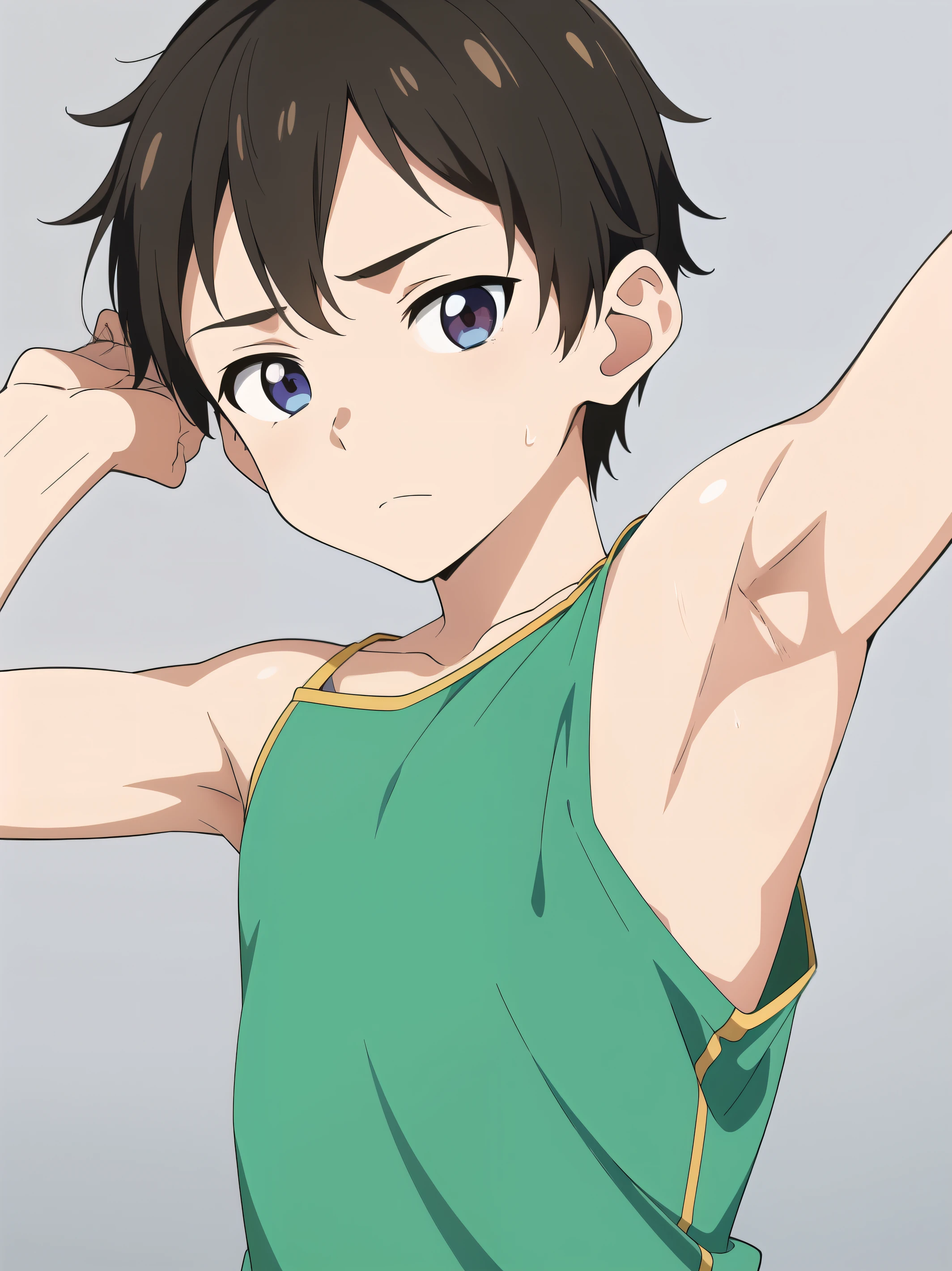 Highres, Masterpiece, Best quality at best,Best Quality,hight quality, hight detailed, Anime style, age 12, 1boy, Boy, Shota, Solo person, young boy, upper body, slim body, Sleeveless shirt, bare shoulder, grey background, (Showing armpit:1.3), Give me a picture of the armpit of a young boy, the armpit looks clean and smells good, the armpit is very beautiful, the boy is teasing using his armpit, shine closer to the armpit, Cute armpit, Sexy armpit, seductive armpits, Such a cute smooth armpit, The armpits of a 12 year old boy, Adorable little armpits, Give me a proportional picture of a 12 year old boy's armpits, (very young boy), (Very small and short body), uhd, bokeh