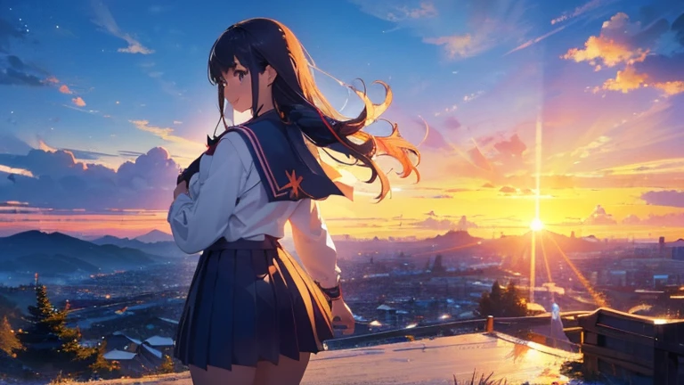 best smile ((masterpiece, top quality, super detail, ultra high definition, detailed background)), (fisheye), school, sunset, on the roof, guardrail, looking down, 1 girl, looking back,