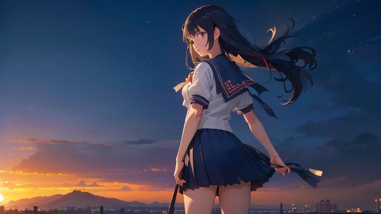 Long Hairで歩く女の子,Rear view,In heaven、In town、Sunset、Slope、(Highly detailed CG Unity 8K wallpapers, Highest quality, Very detailed, High resolution, masterpiece, Realistic, photoRealistic:1.5), (Cute Japanese Girl), Very detailed顔, Face Focus, Beautiful attention to detail, Eye focus, (Detailed Background), Detailed clothing, Very detailed肌, Japanese school girl uniform:1.5), (Sailor suit uniform:1.5),, (美しい港街のSlopeの背景:1.5), Long Hair, Black Hair, Mid-chest, Medium sized butt, (compensate), (Adorable smile:1.3), (throw:1.6),、Perfect body、1 female、Back view