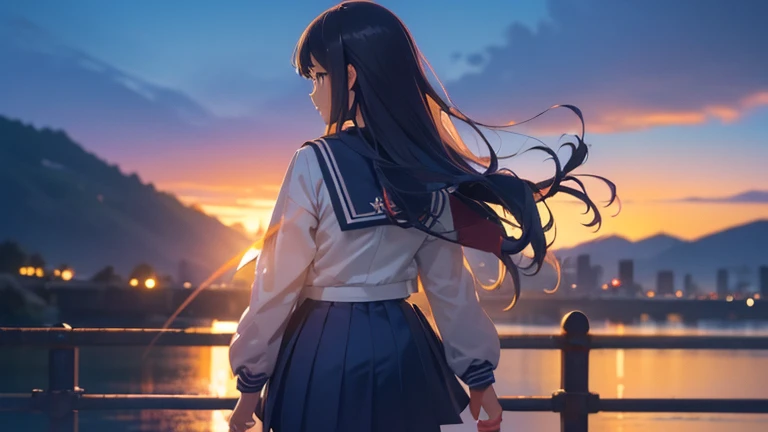 Long Hairで歩く女の子,Rear view,In heaven、In town、Sunset、Slope、(Highly detailed CG Unity 8K wallpapers, Highest quality, Very detailed, High resolution, masterpiece, Realistic, photoRealistic:1.5), (Cute Japanese Girl), Very detailed顔, Face Focus, Beautiful attention to detail, Eye focus, (Detailed Background), Detailed clothing, Very detailed肌, Japanese school girl uniform:1.5), (Sailor suit uniform:1.5),, (美しい港街のSlopeの背景:1.5), Long Hair, Black Hair, Mid-chest, Medium sized butt, (compensate), (Adorable smile:1.3), (throw:1.6),、Perfect body、1 female、Back view